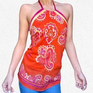 Vintage y2k bright paisley print silk Guess halter top